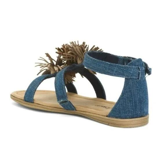 Minnetonka Girl's Denim Suede Pom-pom Fringe Sandals