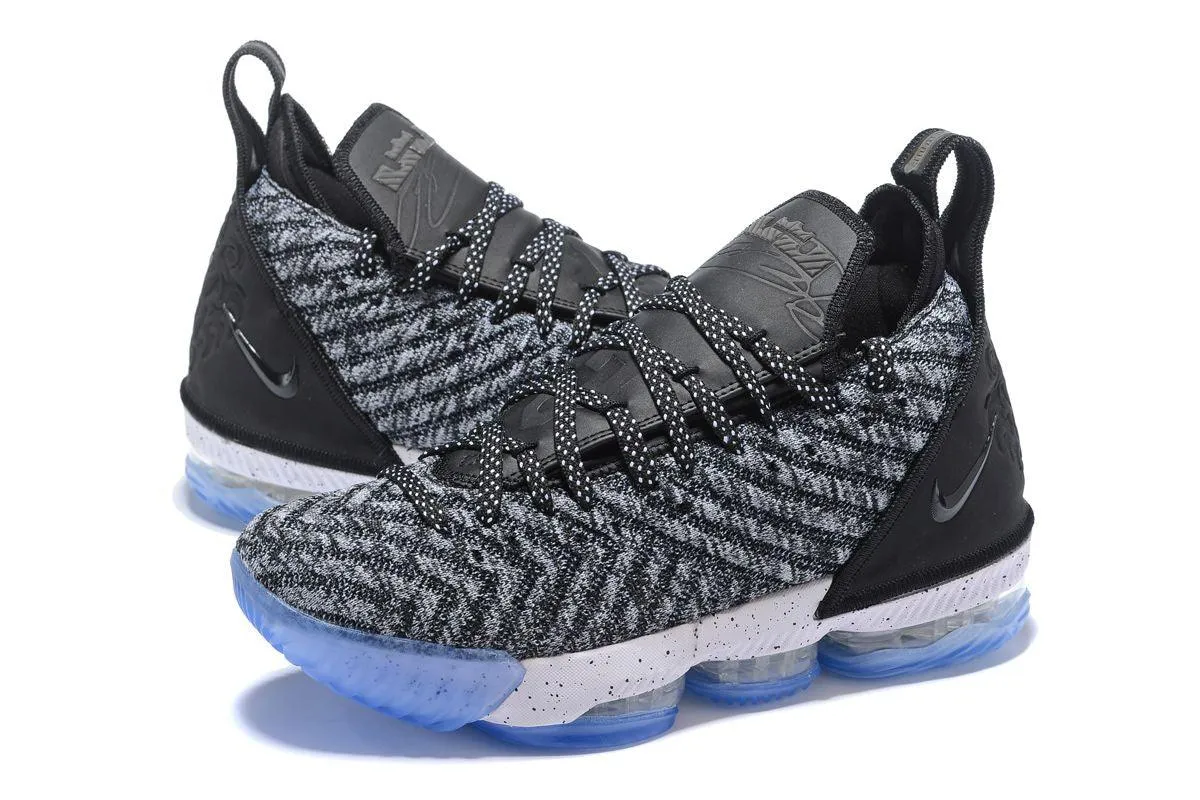 N LeBron 16 Oreo Black White Grey With Icy Blue Sneakers