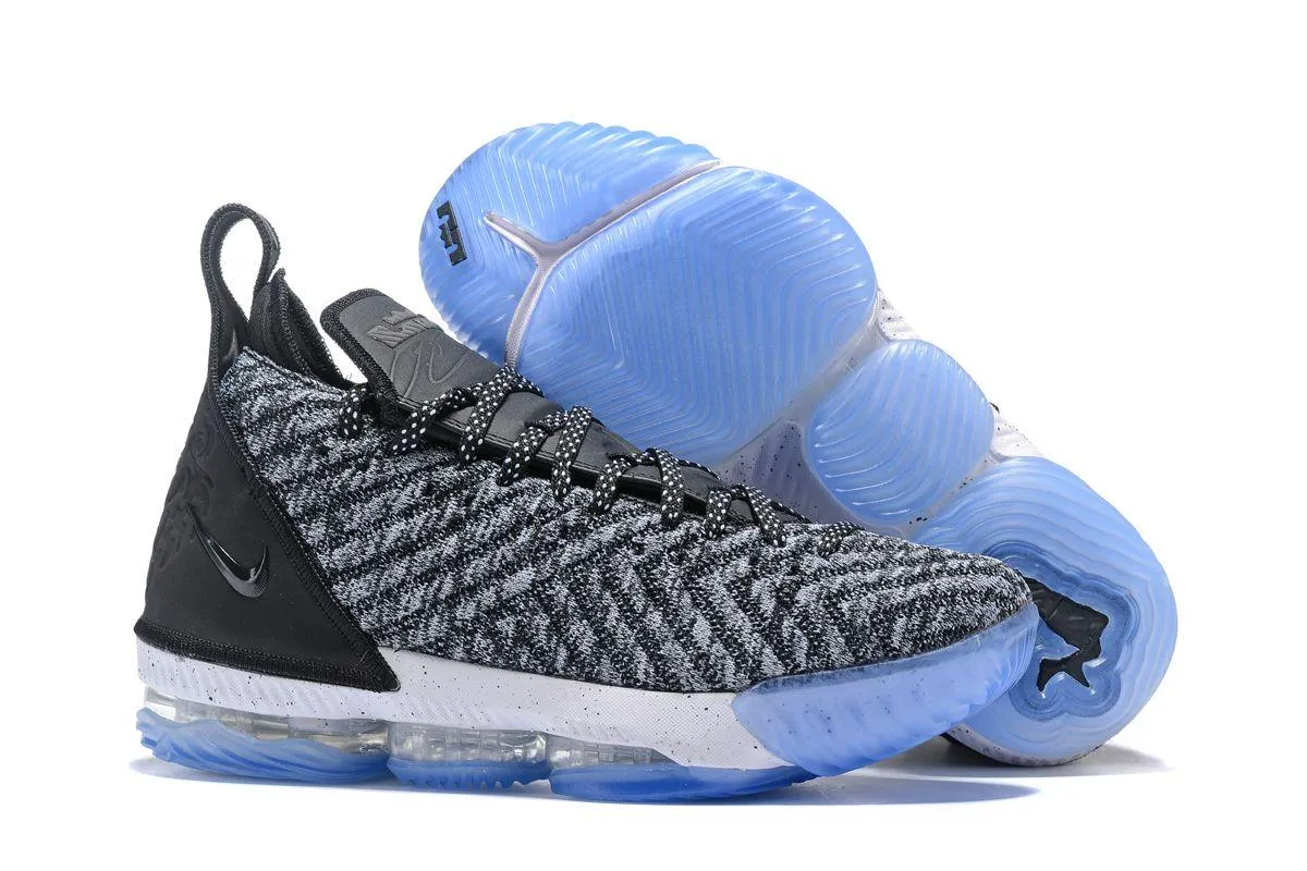 N LeBron 16 Oreo Black White Grey With Icy Blue Sneakers