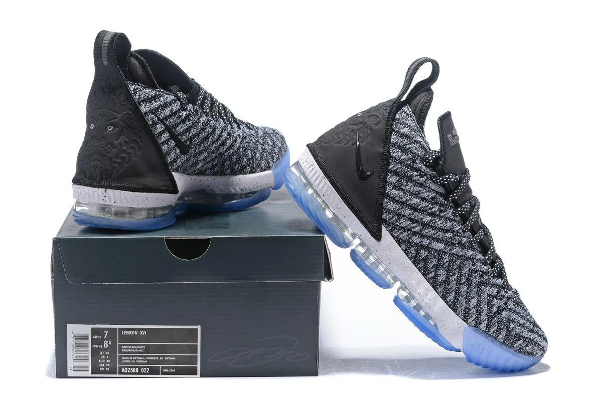 N LeBron 16 Oreo Black White Grey With Icy Blue Sneakers