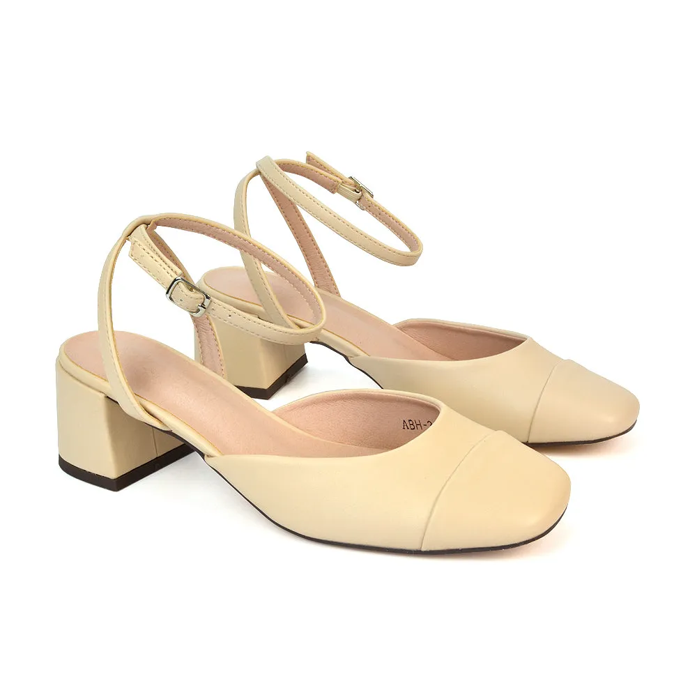 Natasha Ankle Strap Mid Block Heel Square Toe Court Shoes in Nude Synthetic Leather