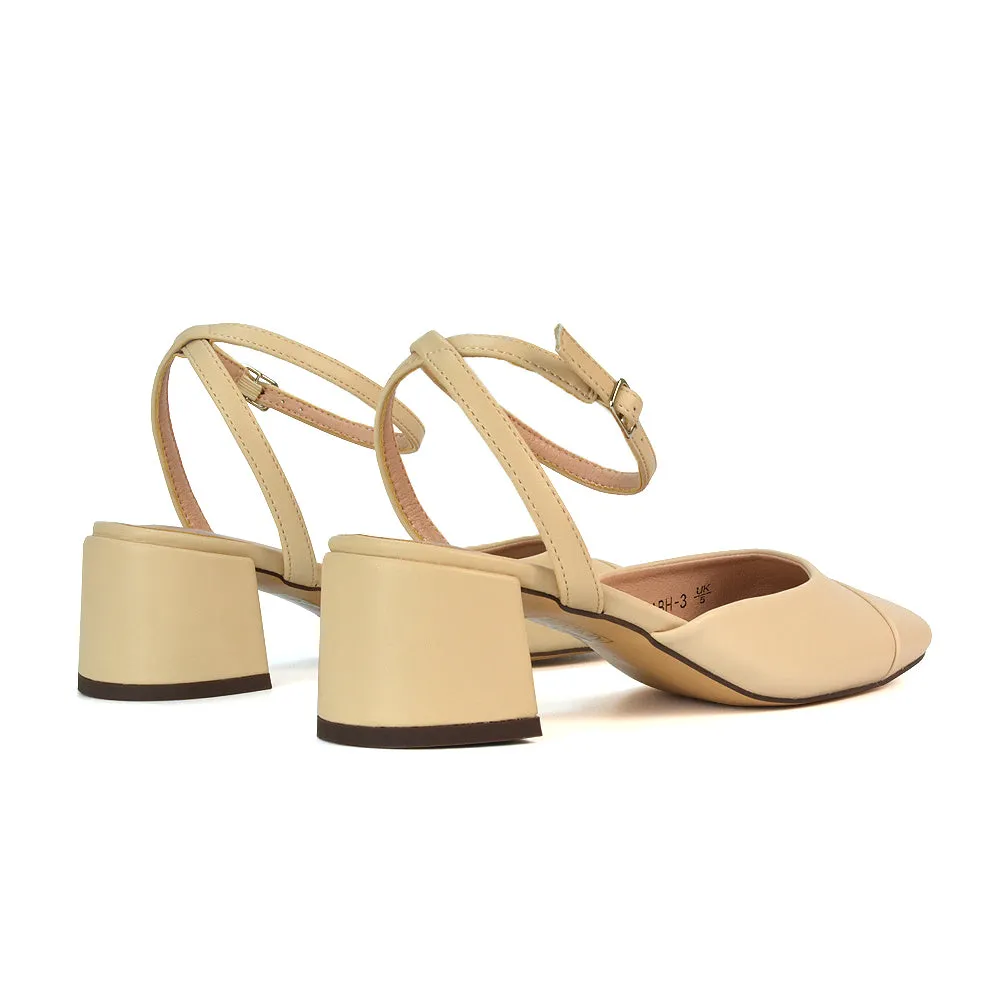 Natasha Ankle Strap Mid Block Heel Square Toe Court Shoes in Nude Synthetic Leather