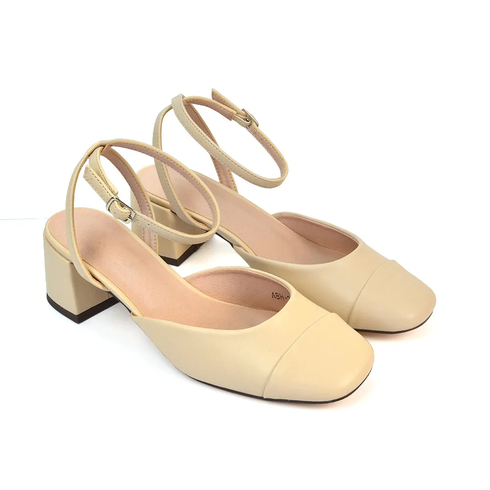 Natasha Ankle Strap Mid Block Heel Square Toe Court Shoes in Nude Synthetic Leather