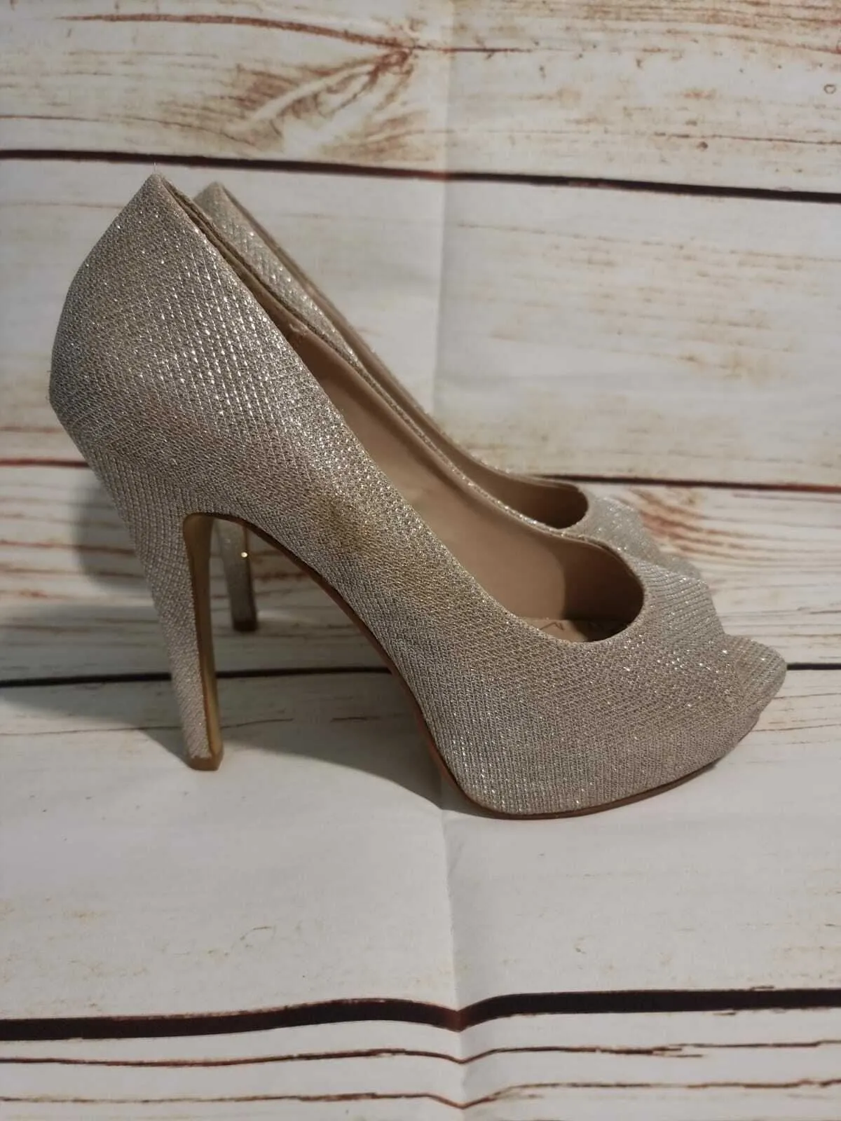 Next Pale Gold Glitter Wide Fit, Peep Toe, Platform Court Shoes Heels UK 7 EU 41