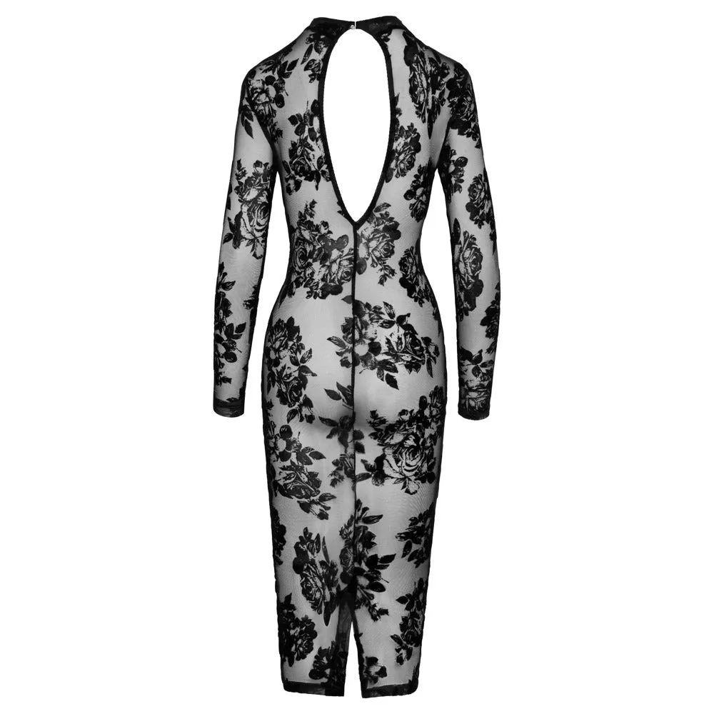 Noir Tight Fitting Floral Transparent Dress