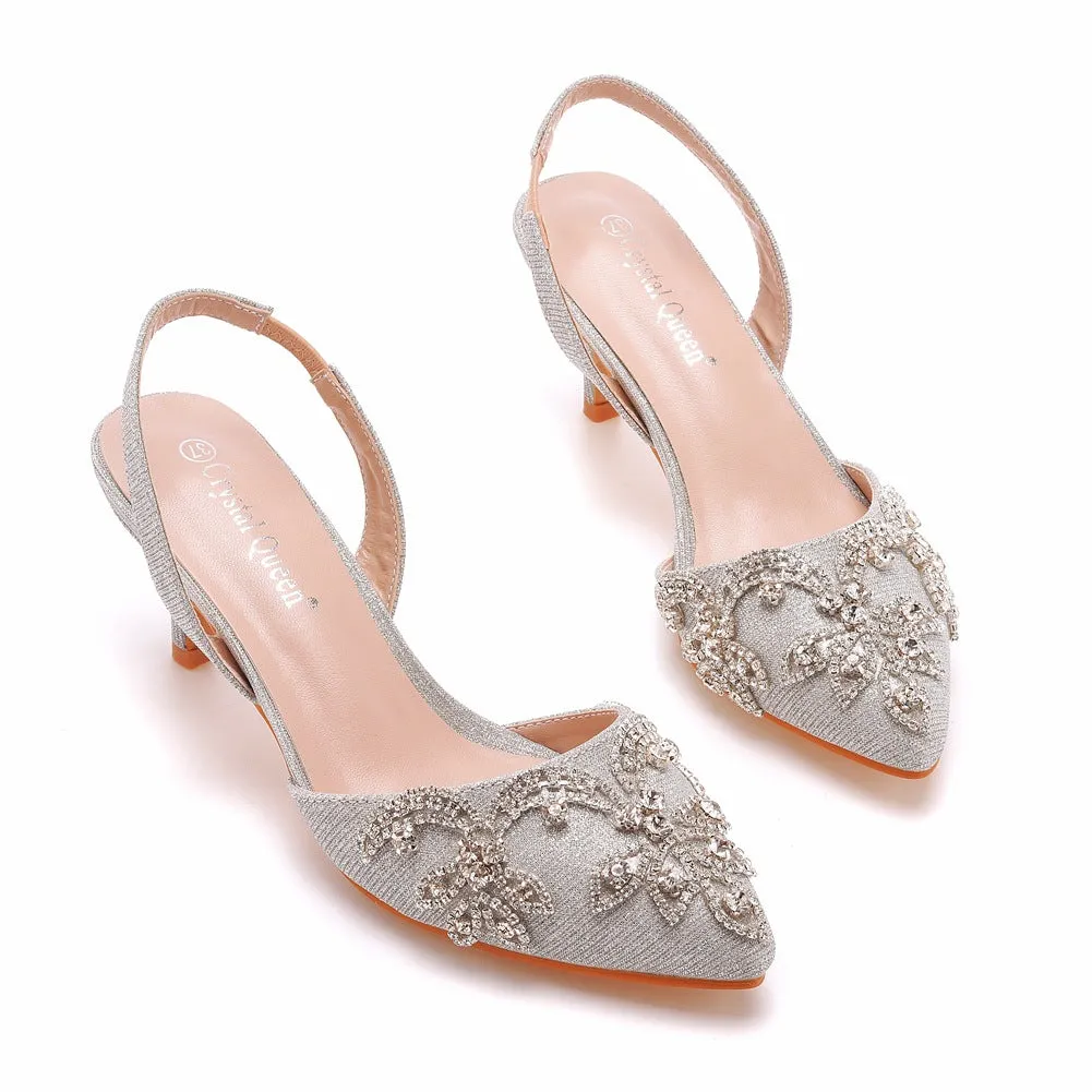 Pointed Toe Rhinestone Glitter Slingback Pumps