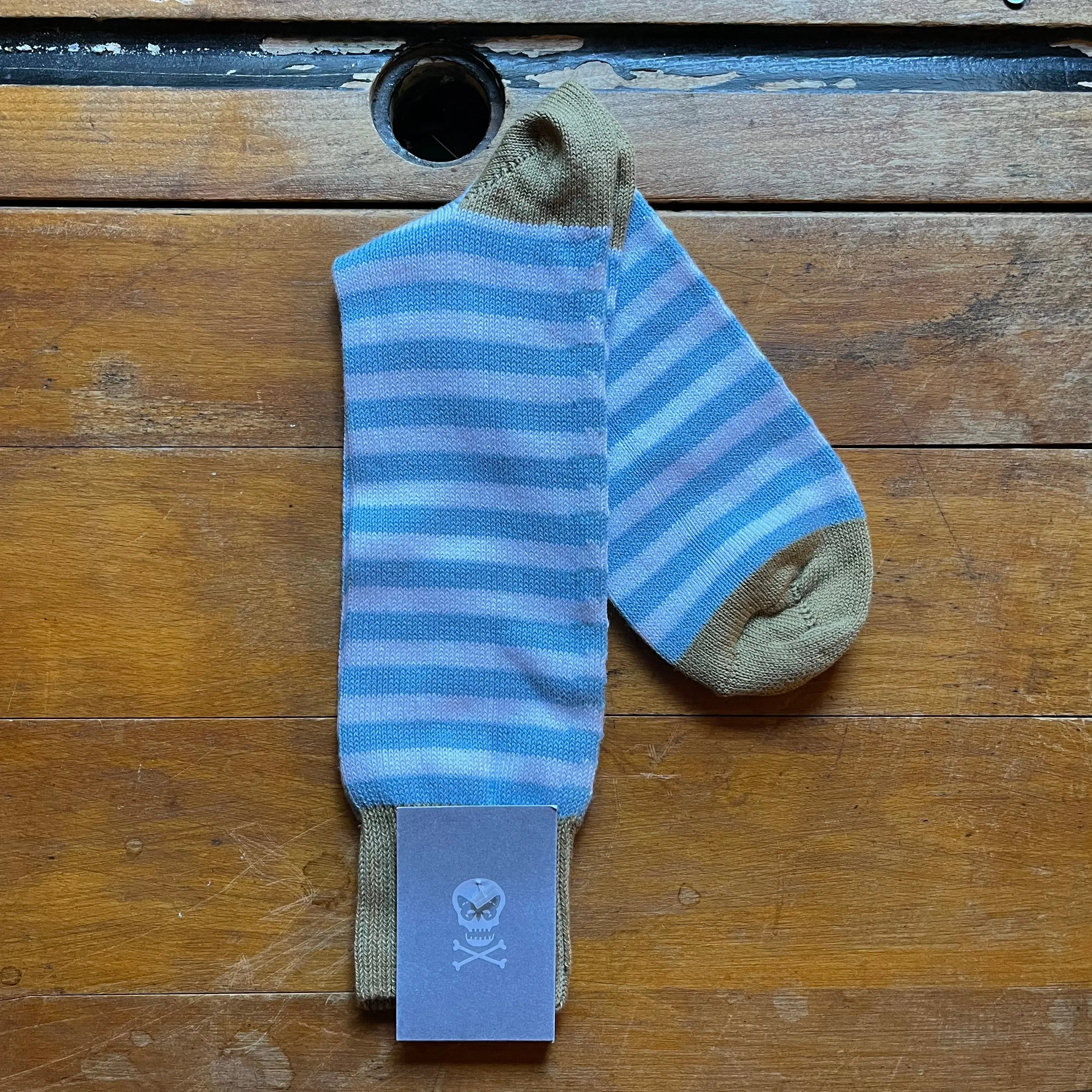 Regent - Fine Cotton Socks - Heel & Toe with Hoops - Blue/Khaki/White