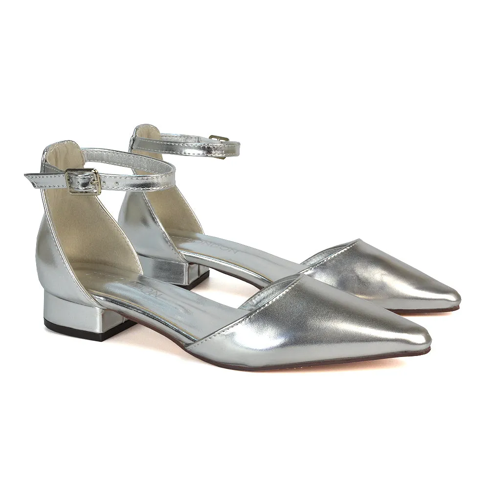 Robyn Pointed Toe Low Heel Strappy Court Shoes in Silver Metallic