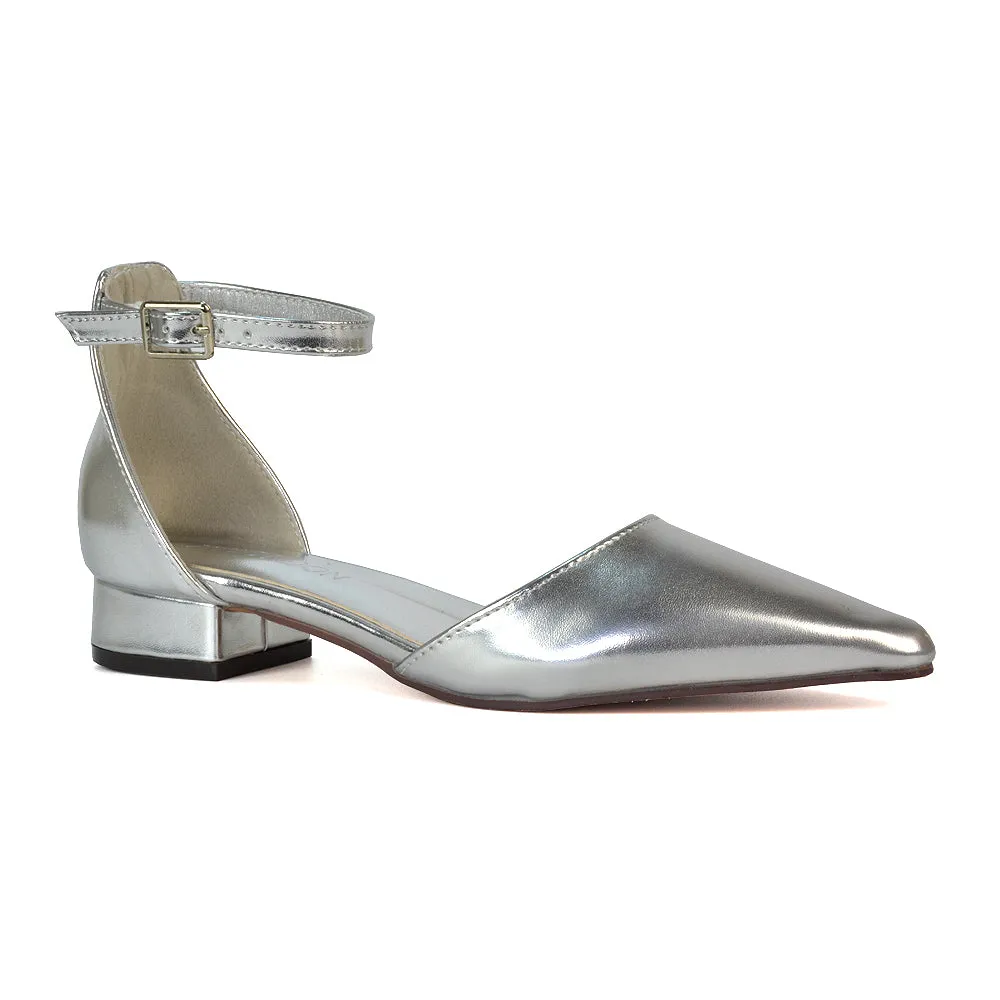 Robyn Pointed Toe Low Heel Strappy Court Shoes in Silver Metallic