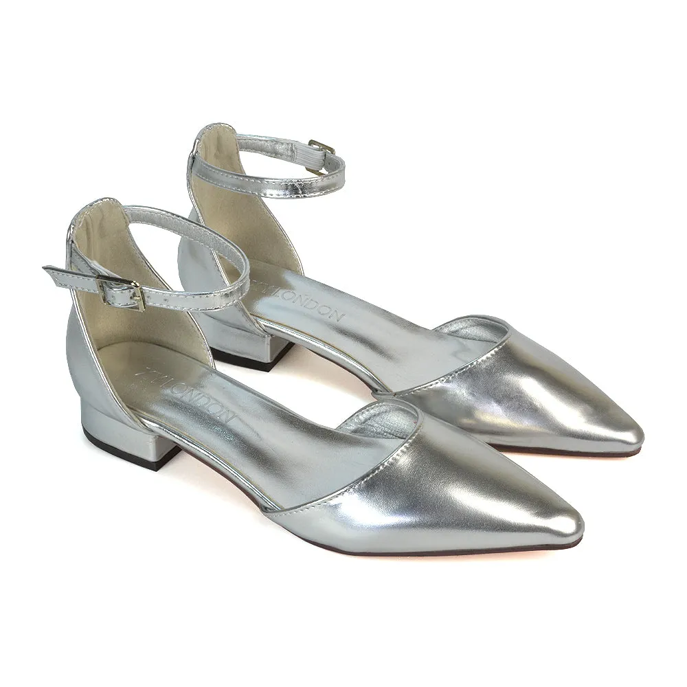 Robyn Pointed Toe Low Heel Strappy Court Shoes in Silver Metallic