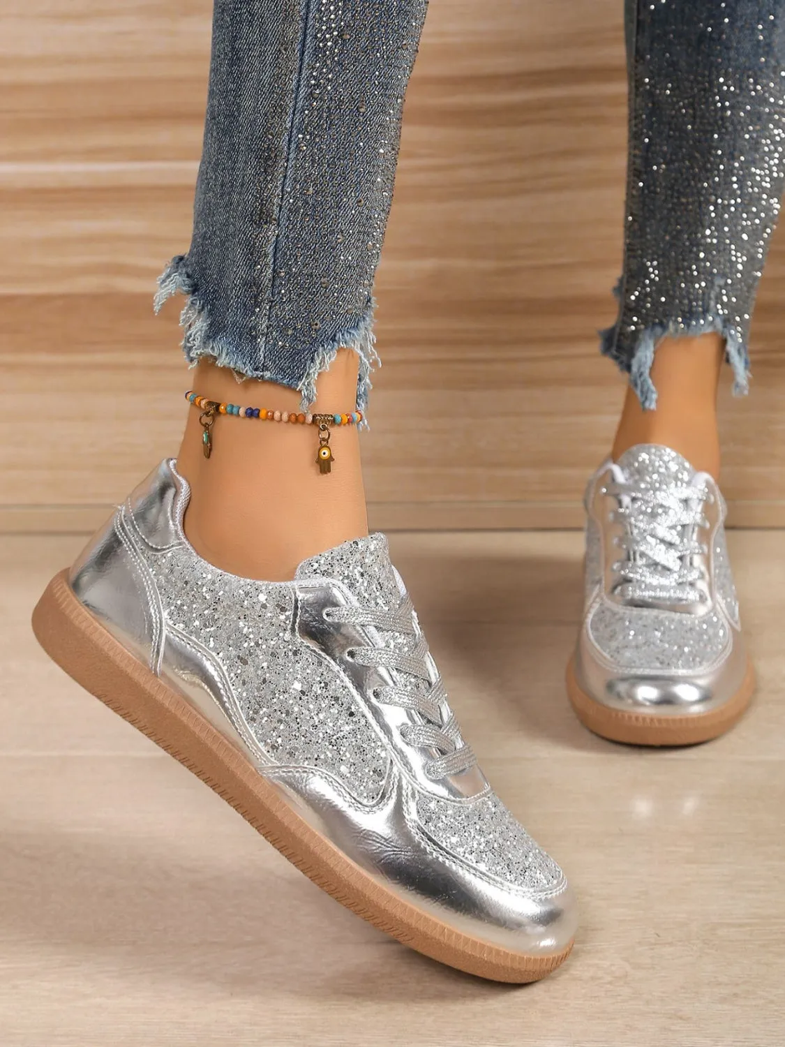 Sequin PU Leather Flat Sneakers