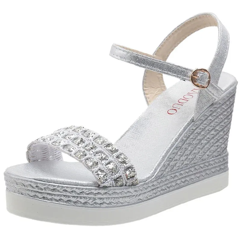 Shiny Glitter Buckle Strap Chunky Platform Wedge Sandals