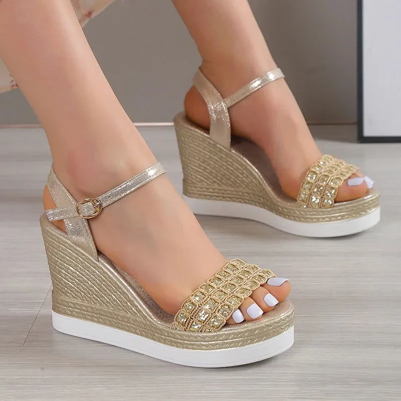 Shiny Glitter Buckle Strap Chunky Platform Wedge Sandals