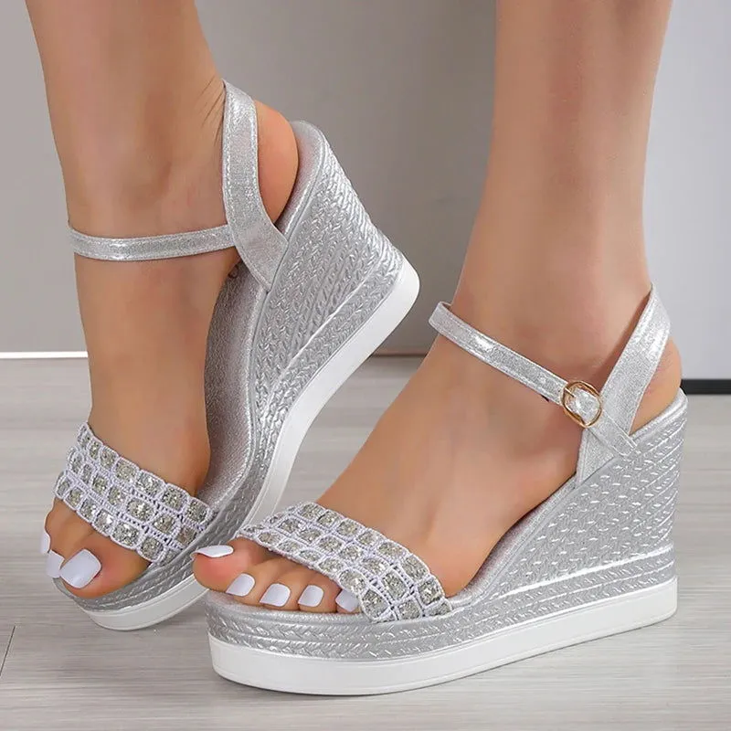 Shiny Glitter Buckle Strap Chunky Platform Wedge Sandals