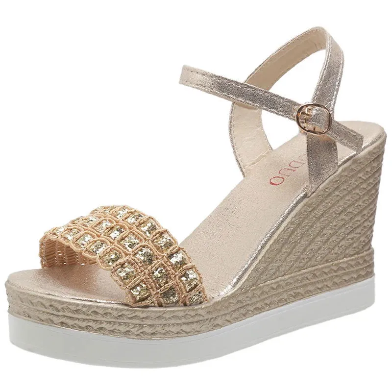 Shiny Glitter Buckle Strap Chunky Platform Wedge Sandals