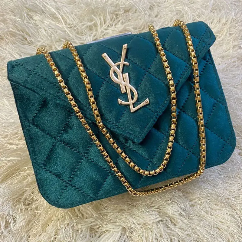 SL Quilted Velvet Shoulder Bag Medium Flap Open Gold Chain Bag