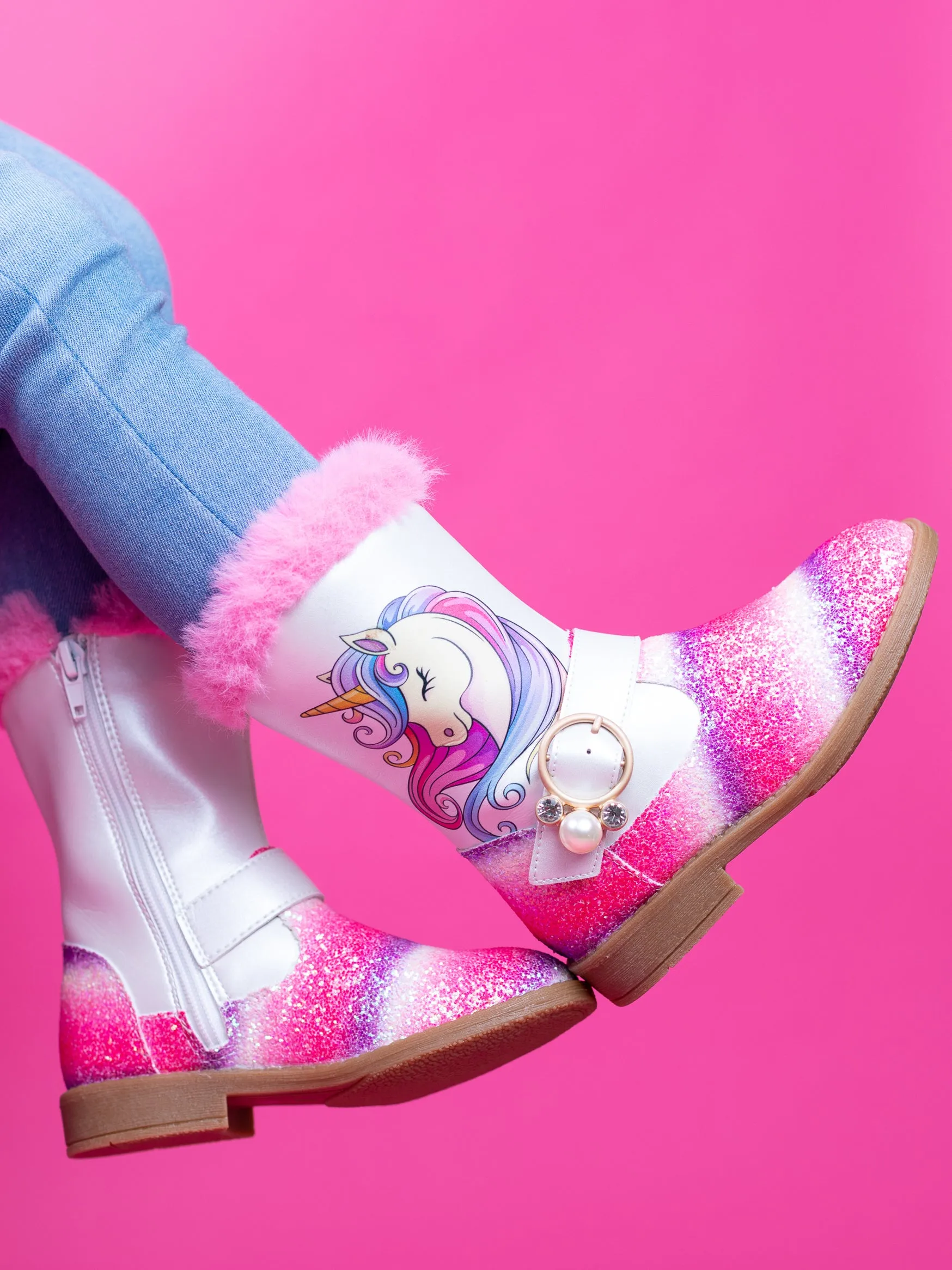 Unicorn Glitter Boots with Faux Fur Trim By Liv and Mia