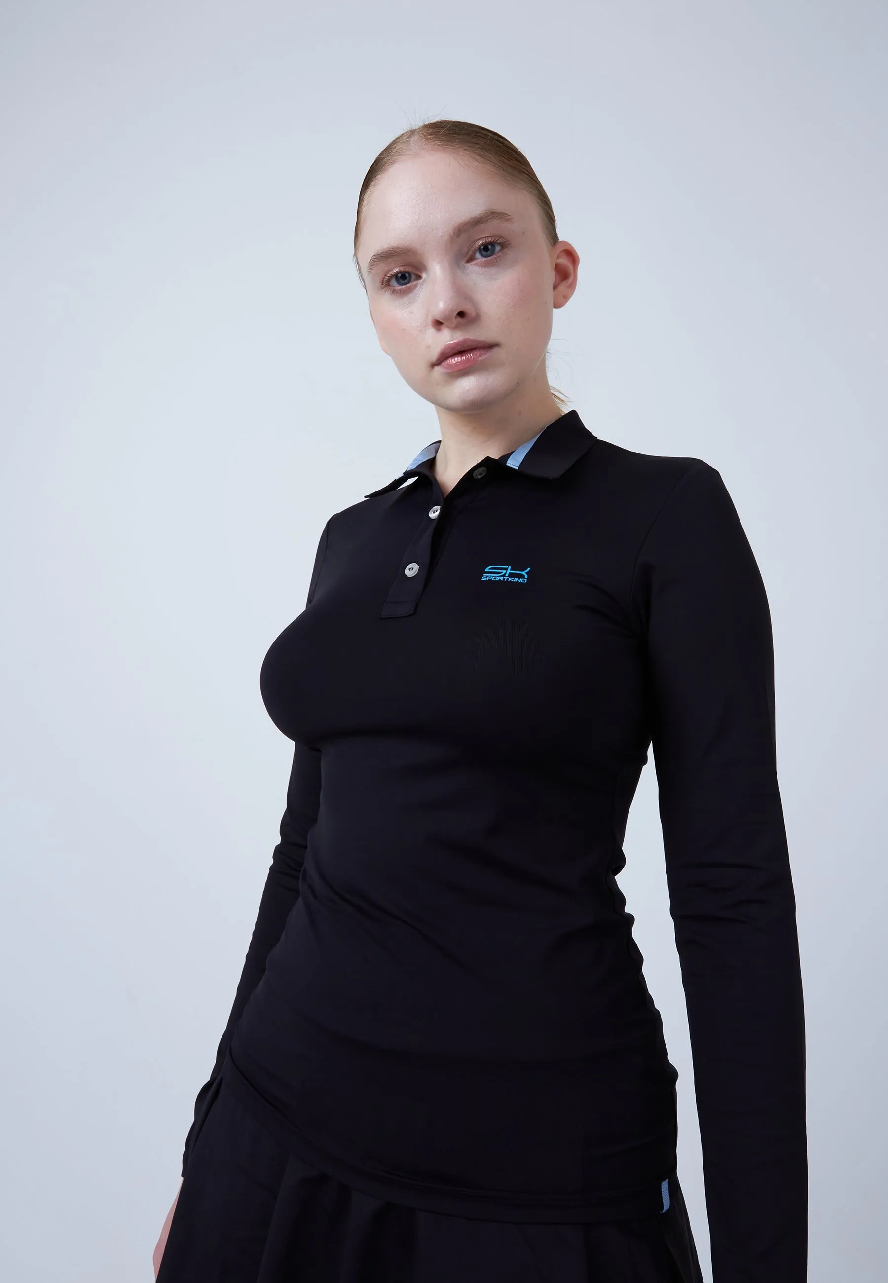 Women Tennis Longsleeve Polo Shirt, black