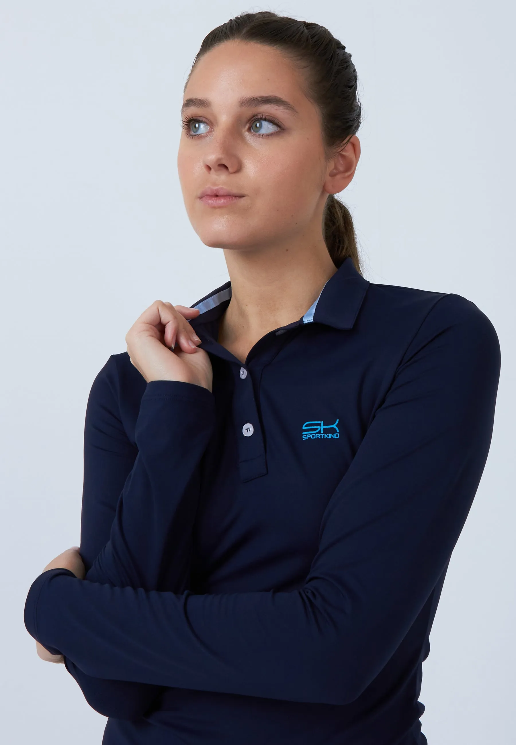 Women Tennis Longsleeve Polo Shirt, navy blue