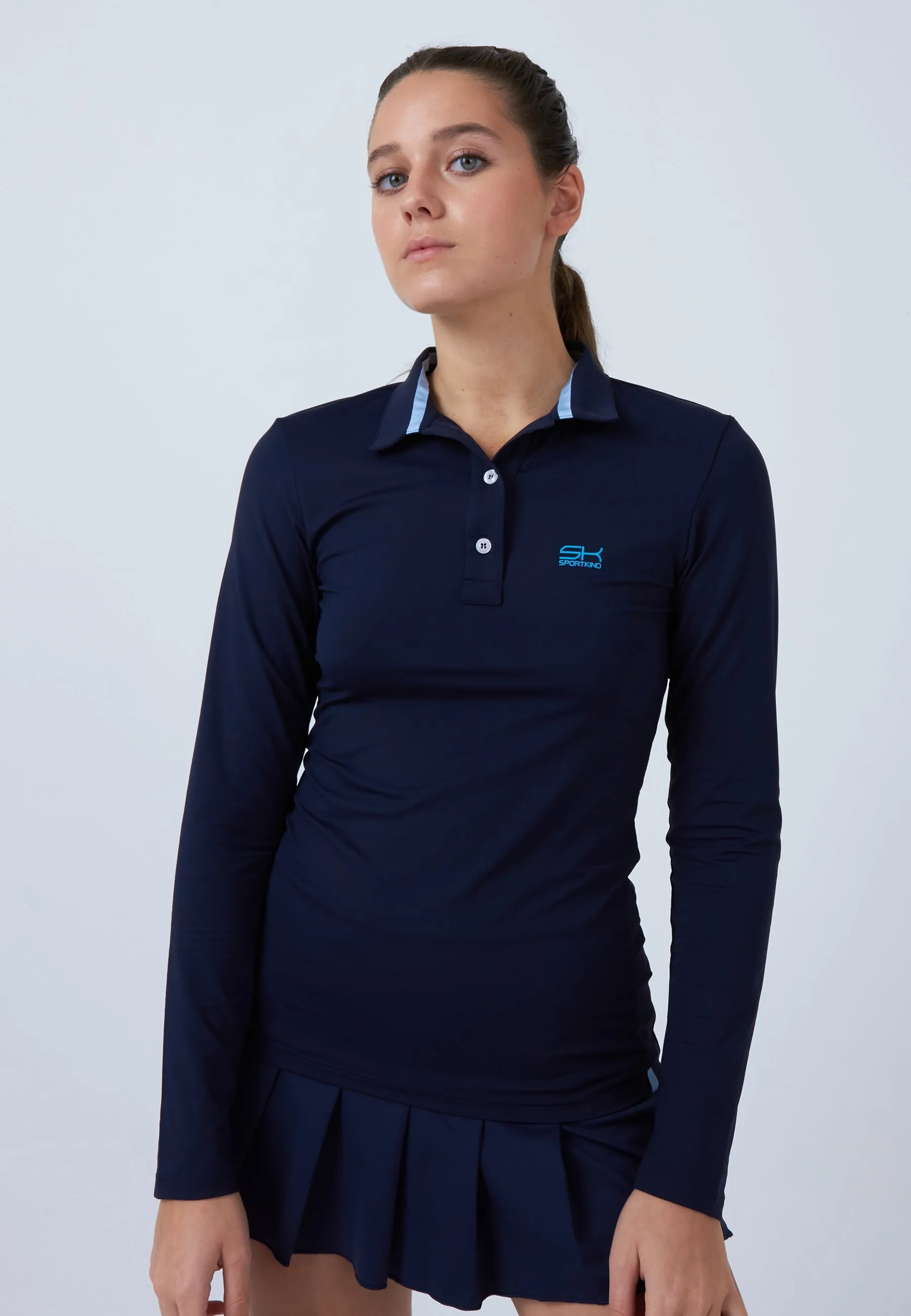 Women Tennis Longsleeve Polo Shirt, navy blue