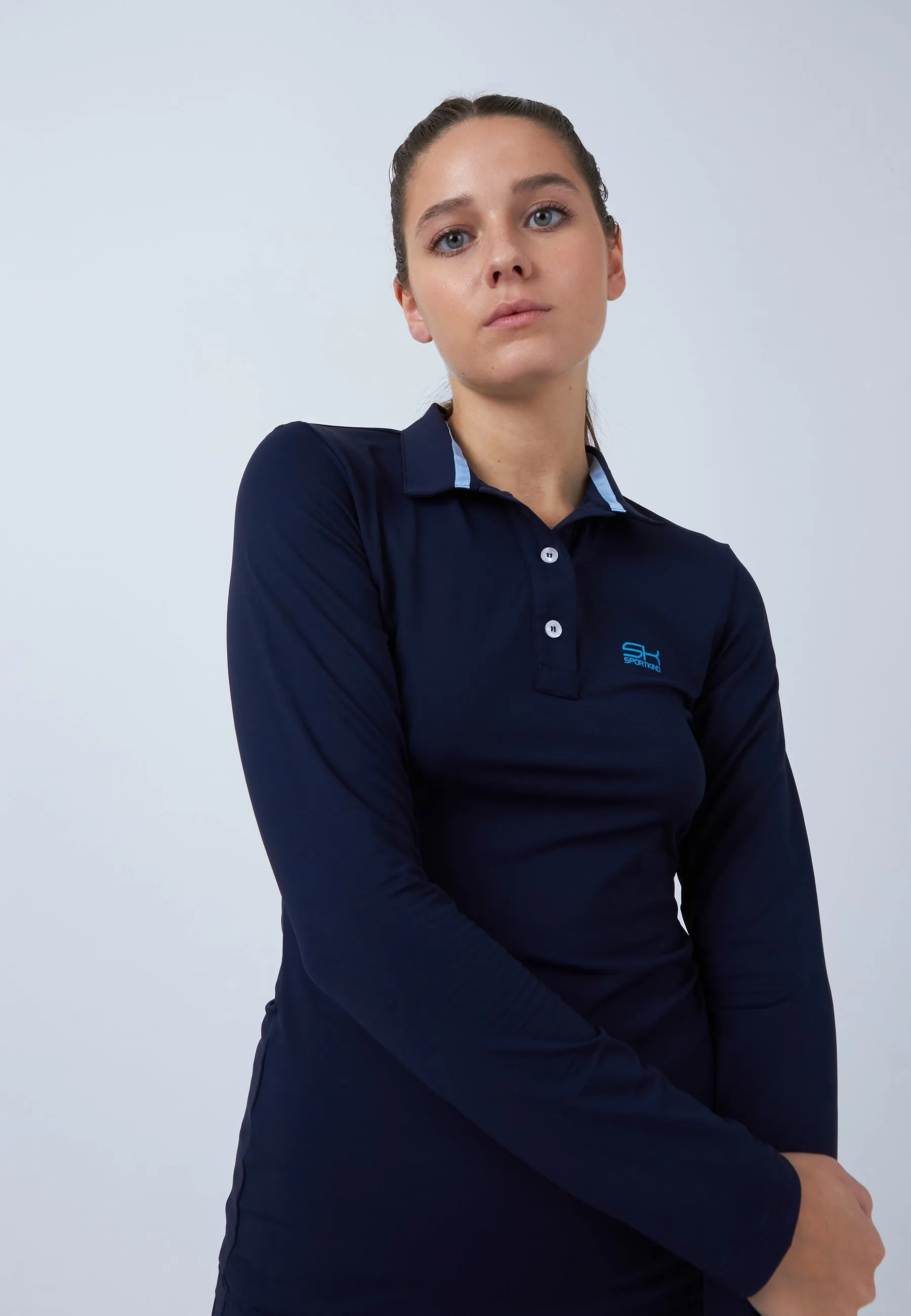 Women Tennis Longsleeve Polo Shirt, navy blue