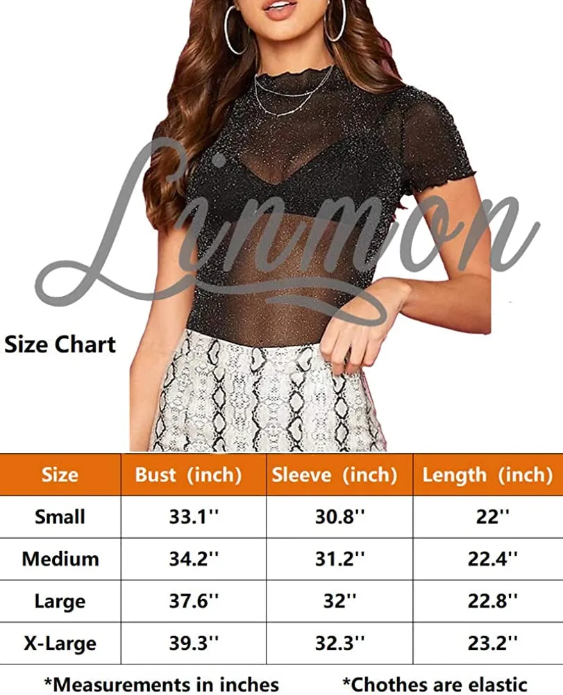 Women's Glitter Sheer Mesh Tops See through Short Sleeve/Long Sleeve Tee Blouse Sexy Clubwear