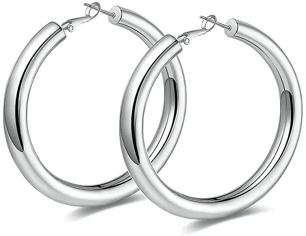 Women's Hollow Thick Hoop Earrings 14K White Gold Plated