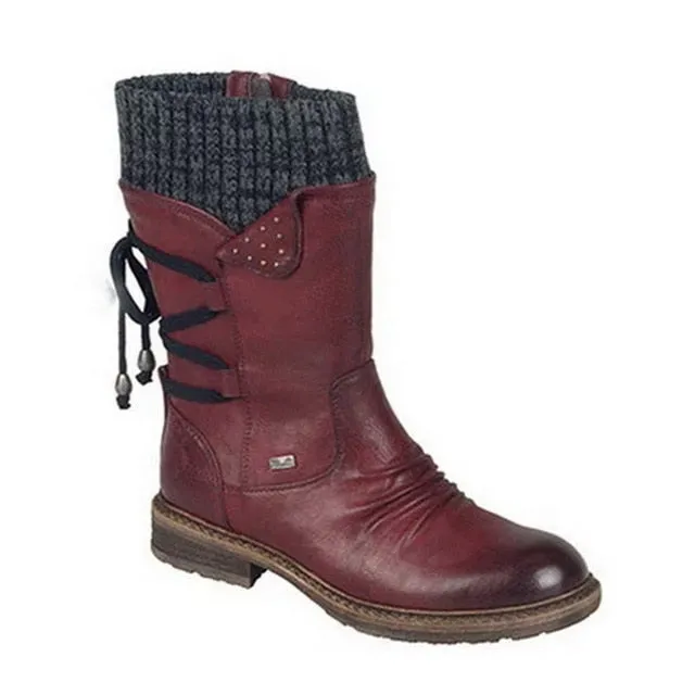 Women's Stylish Snow Flat Heel Knitting Patchwork Boots