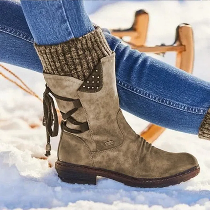 Women's Stylish Snow Flat Heel Knitting Patchwork Boots