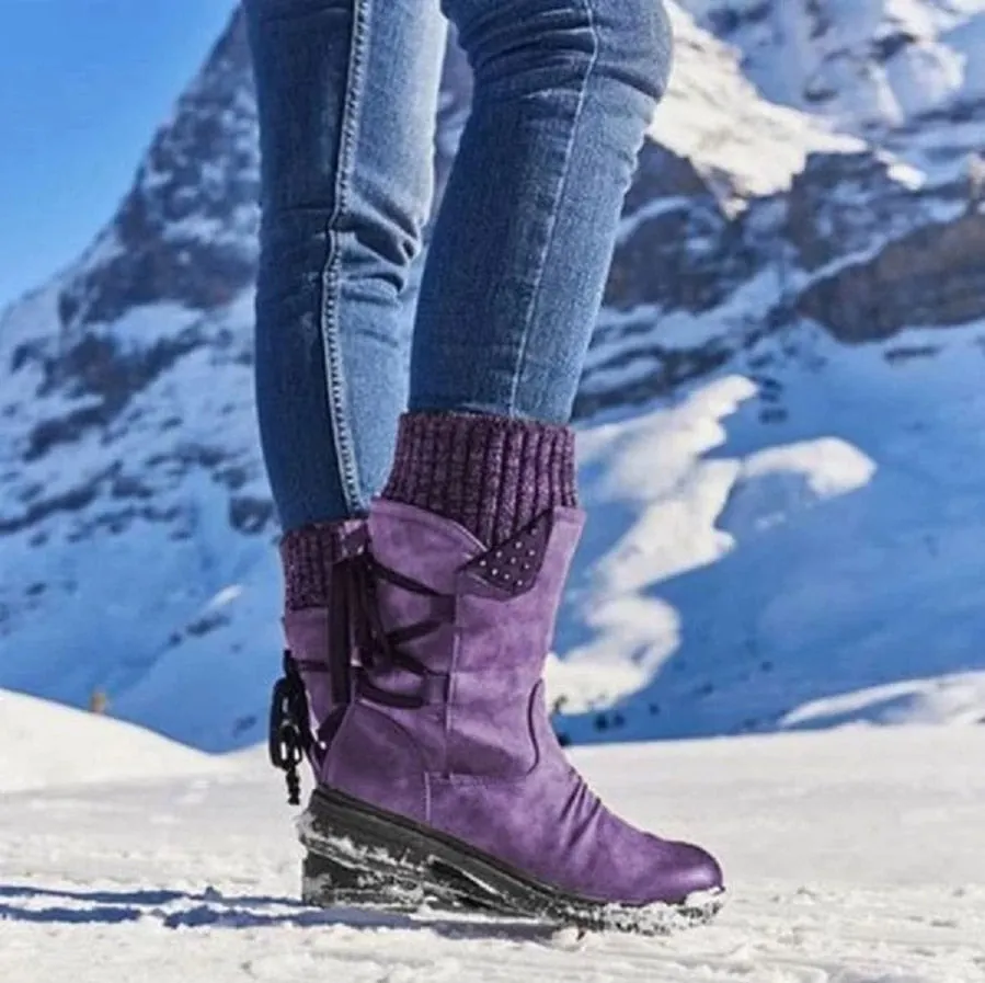 Women's Stylish Snow Flat Heel Knitting Patchwork Boots