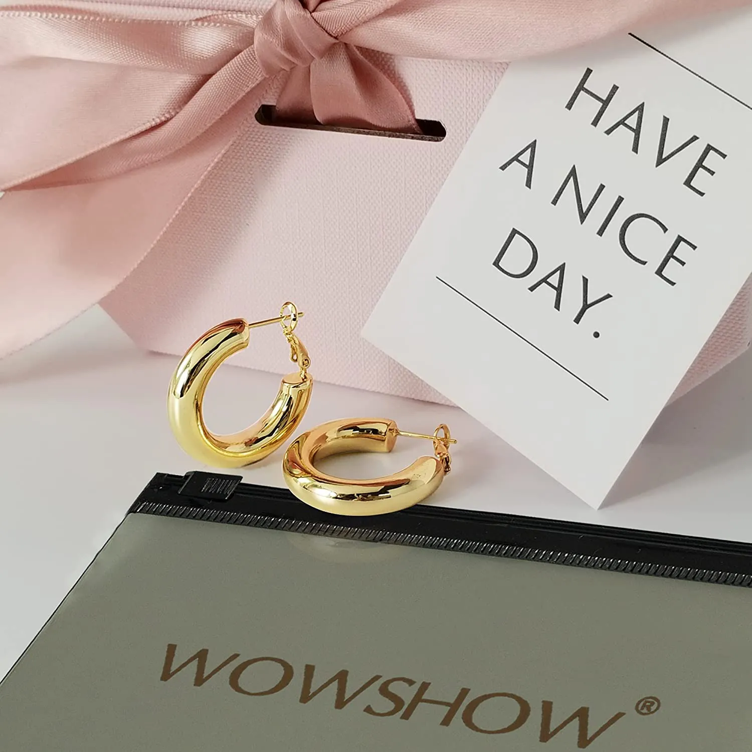 wowshow Thick Hoop Earrings Howllow 14K Gold Plated Gold Hoops for Women